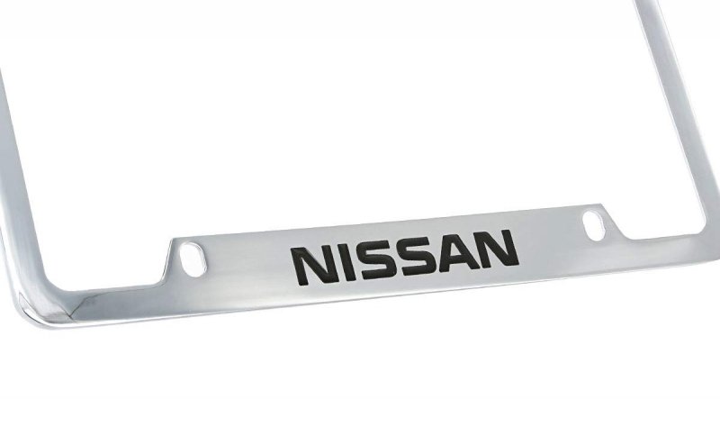 Nissan Wordmark Chrome Plated Metal License Plate Frame Holder 4 Hole Universal Fit Polished Finish With Screw Cap Covers