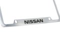 Nissan Wordmark Chrome Plated Metal License Plate Frame Holder 4 Hole Universal Fit Polished Finish With Screw Cap Covers
