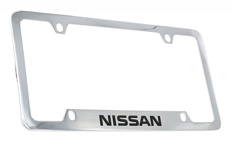 Nissan Wordmark Chrome Plated Metal License Plate Frame Holder 4 Hole Universal Fit Polished Finish With Screw Cap Covers