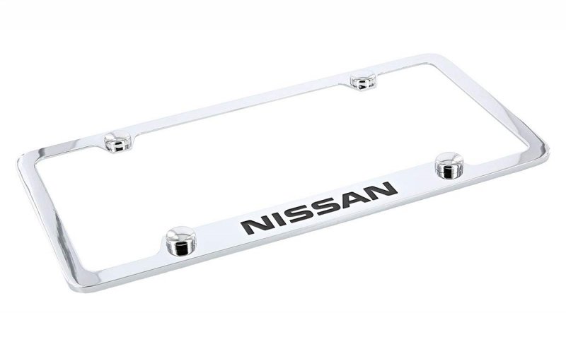 Nissan Wordmark Chrome Plated Metal License Plate Frame Holder 4 Hole Universal Fit Polished Finish With Screw Cap Covers