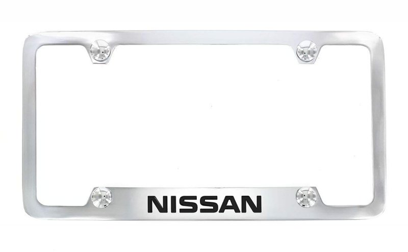 Nissan Wordmark Chrome Plated Metal License Plate Frame Holder 4 Hole Universal Fit Polished Finish With Screw Cap Covers