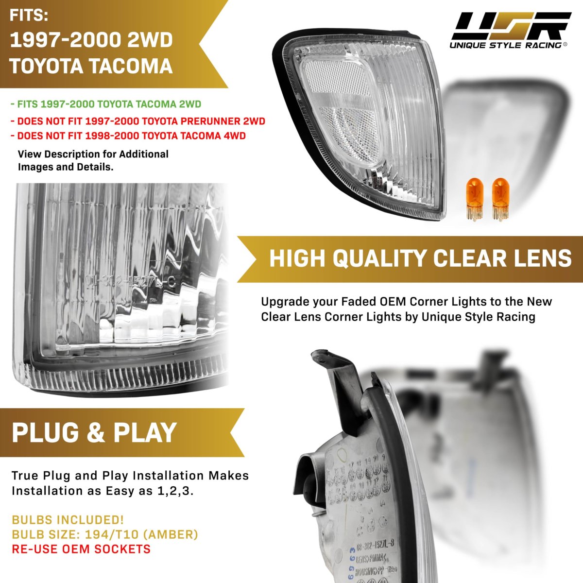 Usr 97-00 Tacoma 2wd Corner Lights A Front Parking Lamps Left Right Pair For 1997-2000 Toyota 2 Wheel Drive Only Pickup Truck