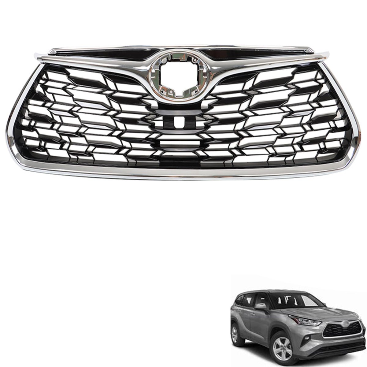 Front Bumper Chrome Grille Mesh Honeycomb Grill With View Camera Hole Replacement For 2020 2021 2022 Highlander Sport Utility 4