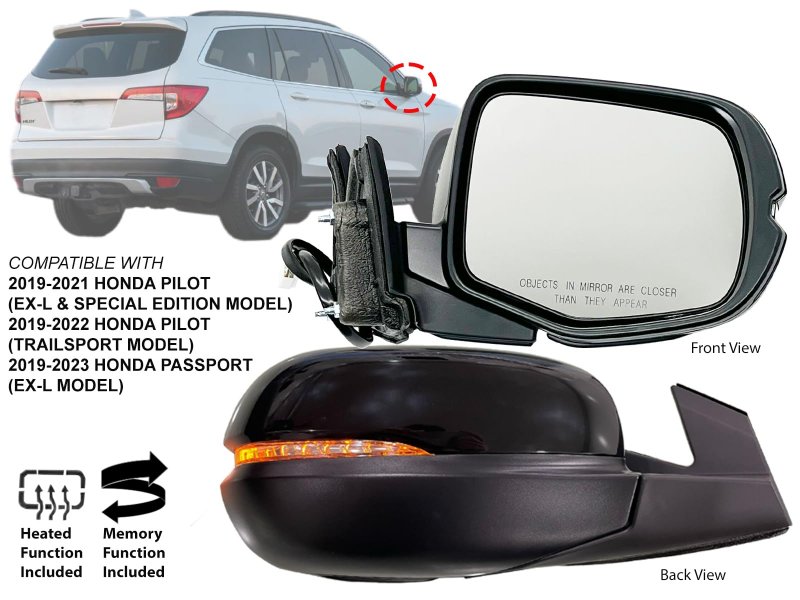 Apa Replacement For Exterior Rear View Mirror 2019-2022 Pilot 2019-2023 Passport Power Heated With Signal Memory Glossy Cap