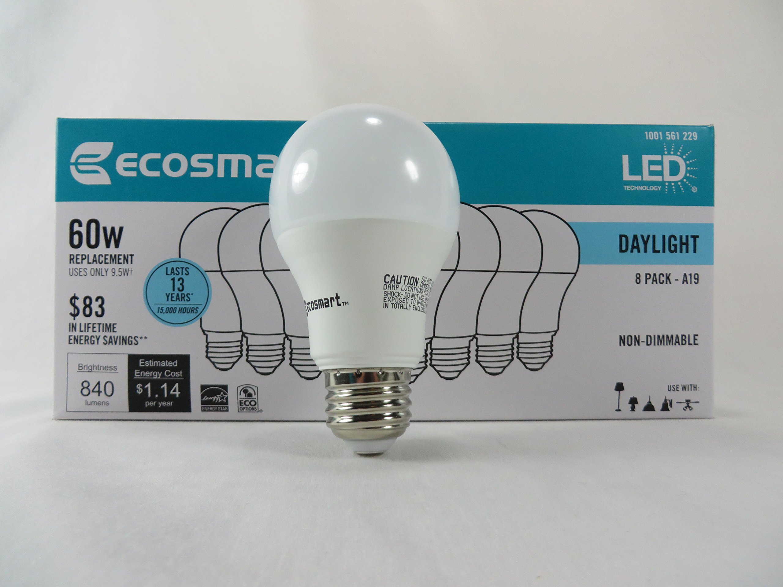 Ecosmart 8 Pack A19 60 Watt Equivalent Daylight 5000k Led Light Bulb 1835