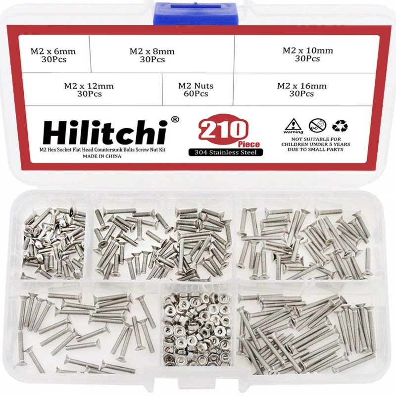 Metric M2 Hex Socket Flat Head Countersunk Bolts And Nuts Assortment Kit 304 Stainless Steel 210 Piece Set With Storage Case