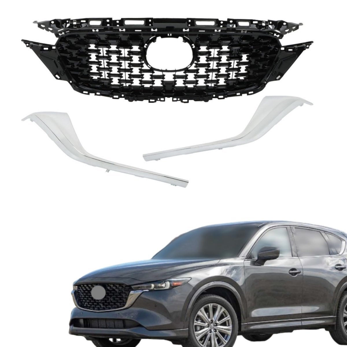 Front Bumper Grille Upper Glossy Black With Chrome Molding Trim 3pcs Replacement For Cx-5 2022-2023 Ksd450710a