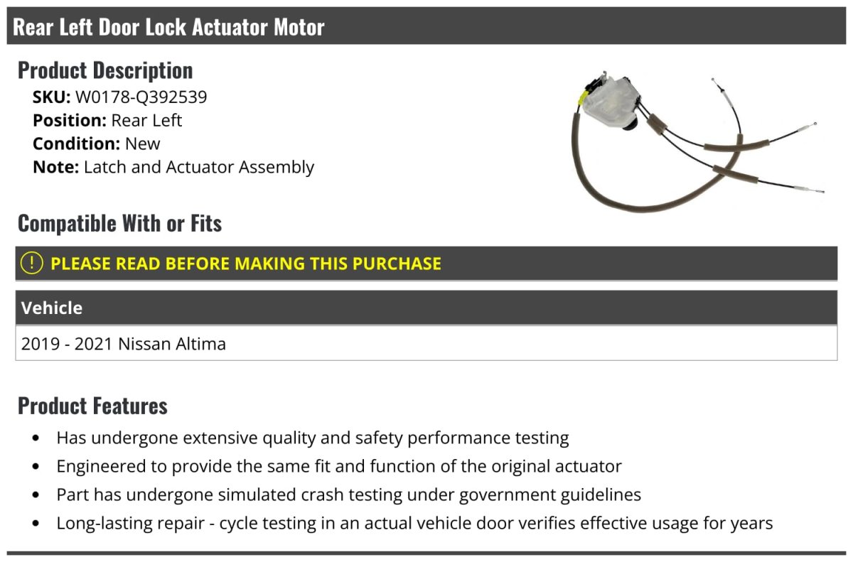 Rear Left Driver Side Door Lock Actuator Motor For 2019-2021 Nissan Altima