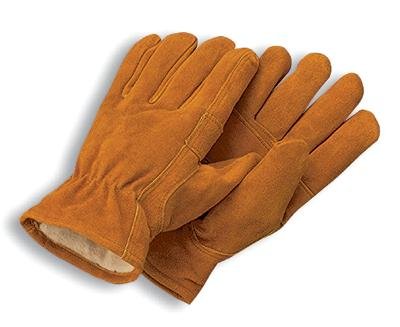 Radnor Large Brown Leather Pile Lined Cold Weather Gloves With Keystone Thumb Slip On Cuffs Color Coded Hem And Shirred Elastic
