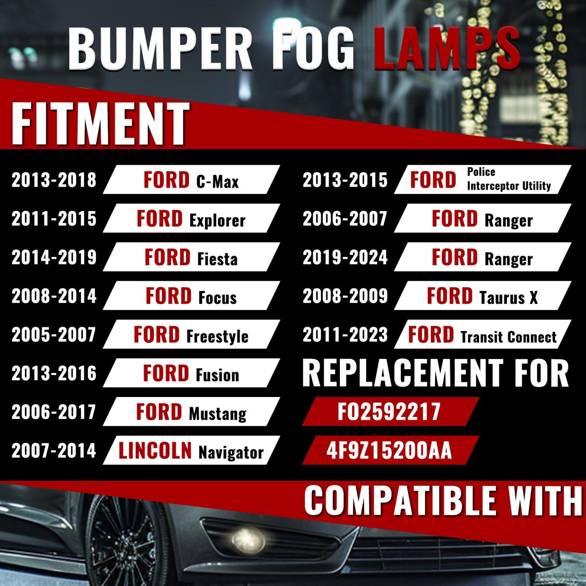 Hecasa 2pc Fog Light For 2005-2024d Focus C-max Explorer Fiesta Freestyle Fusion Mustang Ranger Taurus X Connect Utility