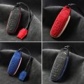 Jannechou Alcantara Handmade Leather Smart Car Key Fob Case Cover Shell Fit For Lamborghini Urus 2021-2022 Black With Red