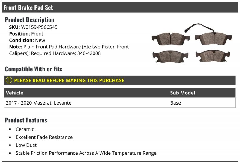 Front Ceramic Brake Pad Set For 2017-2020 Maserati Levante Base With A T E Two Piston Calipers