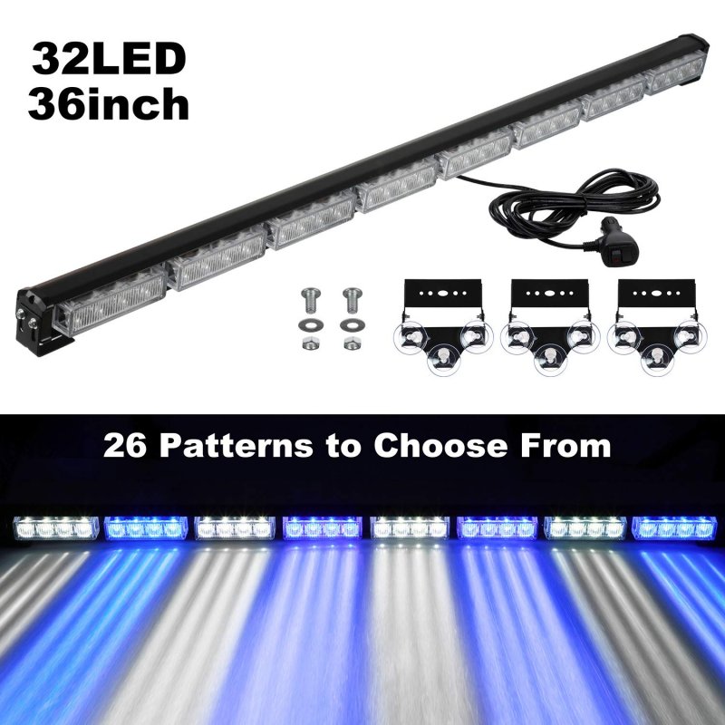 36 In 32led Traffic Advisor Light Bar Blue White Emergency Strobe Warning With Directional Flashing And 16 Ft Cord For 12 To 24