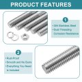 5pcs Double Ended Stud Screws M8x200mm 304 Stainless Steel Dual Threaded Rod Bolts With Nuts And Flat Lock Washers End Screw