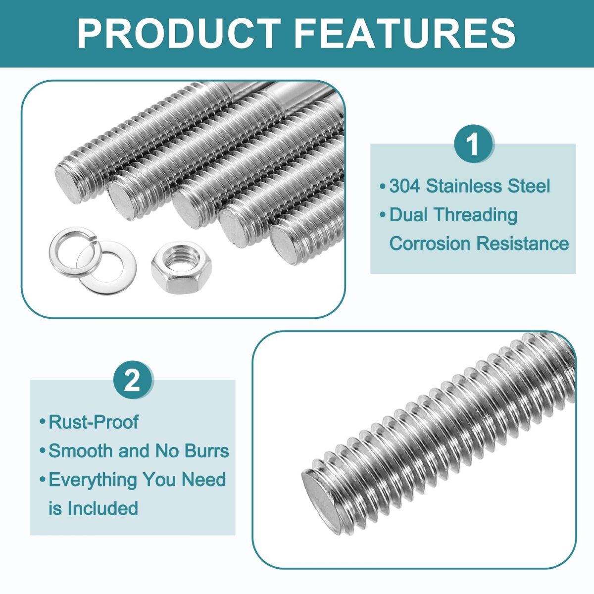 5pcs Double Ended Stud Screws M8x200mm 304 Stainless Steel Dual Threaded Rod Bolts With Nuts And Flat Lock Washers End Screw