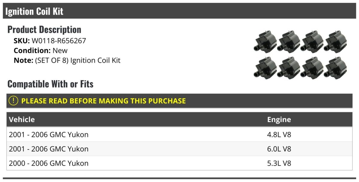 Ignition Coil Kit 8 Piece For 2000-2006 Gmc Yukon