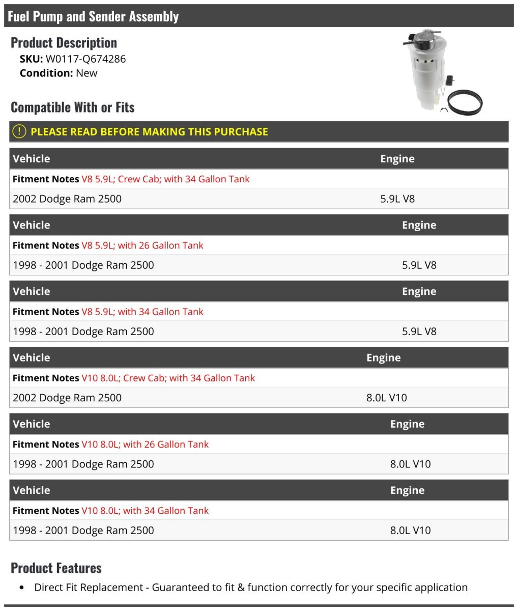 Fuel Pump And Sender Assembly For 1998-2002 Dodge Ram 2500