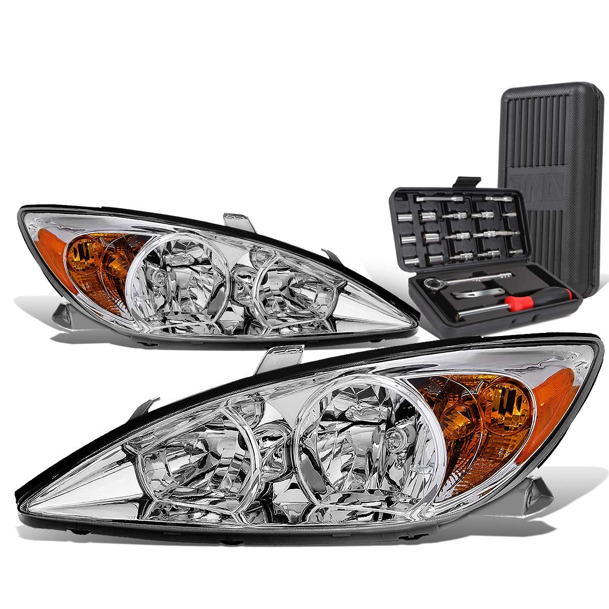 Auto Dynasty Chrome Housing Amber Corner Headlight Head Lamps Tool Kit For Camry 02-04