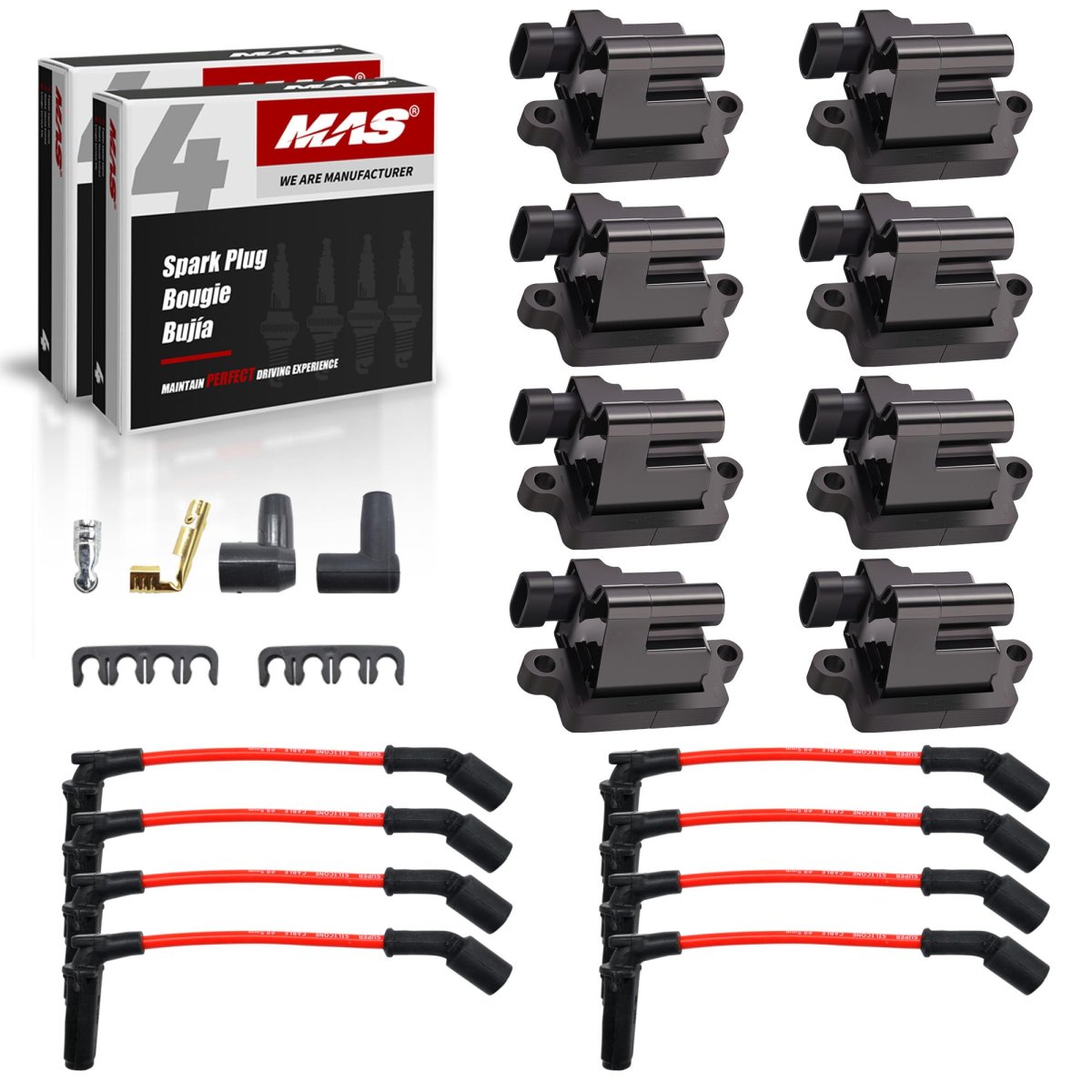 Set Of 8 Square Ignition Coil Uf271 Iridium Spark Plugs And 5mm Red Wires For Silverado Suburban Gmc Hummer Avalanche Savana
