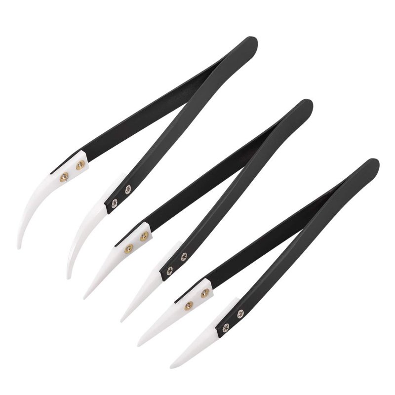 Precision Ceramic Tweezers Set Non-conductive Heat Resistant Anti-static Straight Round Curved Small 3 Pack