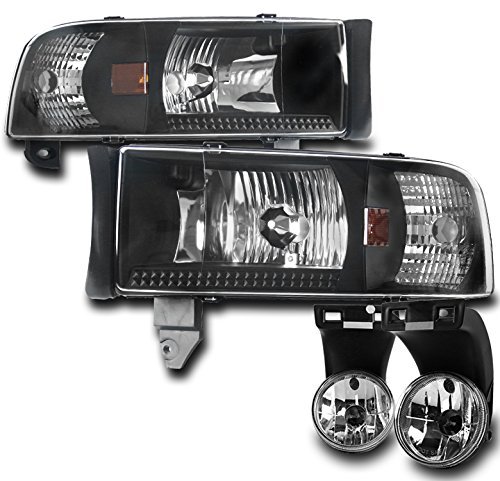 1994-2001 Dodge Ram Crystal Headlights Black With Bumper Fog Lights Chrome