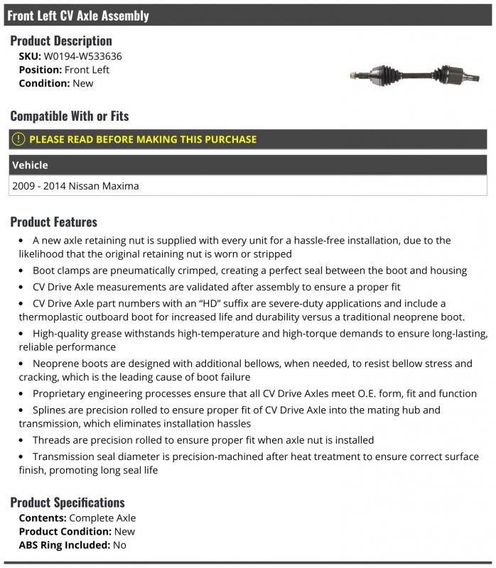 Front Left Driver Side Cv Axle Assembly For 2009-2014 Nissan Maxima