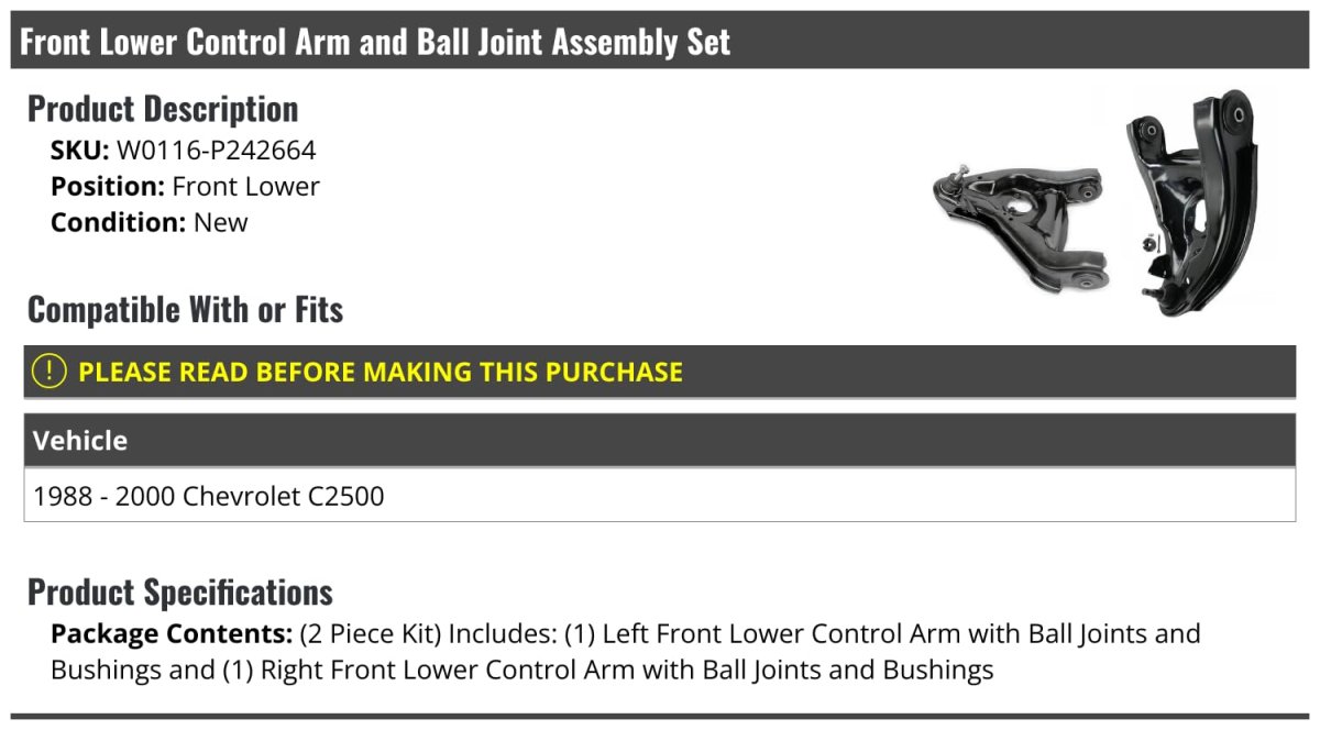 Front Lower Control Arm And Ball Joint Assembly Set For 1988-2000 Chevy C2500