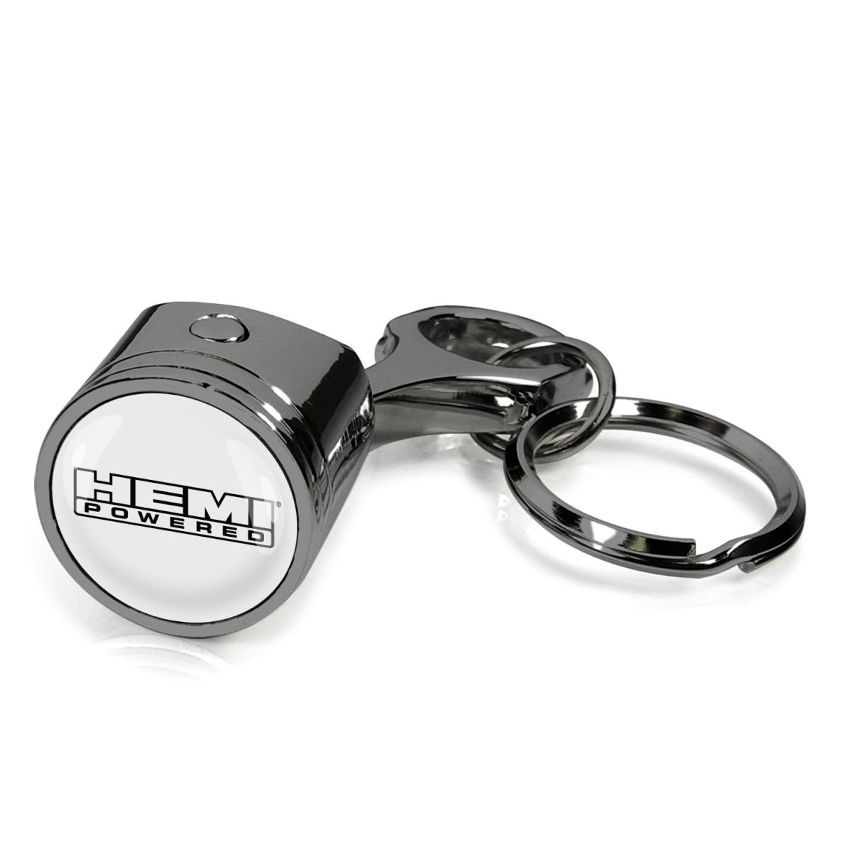 Hemi Powered Logo Engine Piston And Rod Metal Key Chain Black Chrome Finish With Poly Resin Dome 2 5 In X 0 75 Size