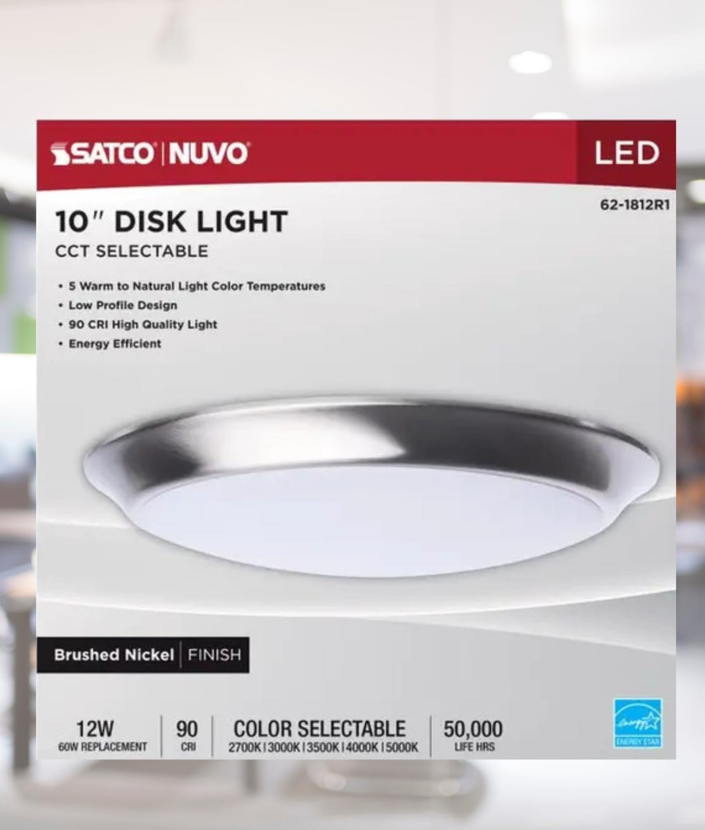 62-1812r1 10 In Integrated Led Disk Light Cct Selectable 2700k To 5000k 1000 Lumens 12w Triac Dimmable 90 Cri Brushed Nickel