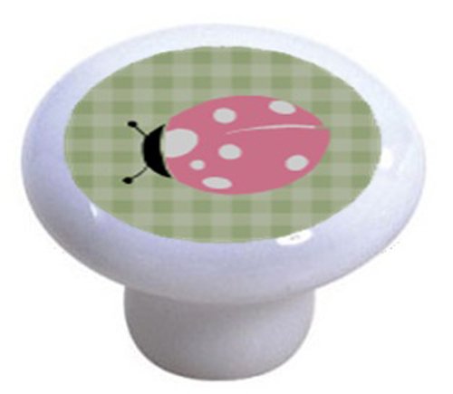 Set Of 2 Pink Ladybug Green Gingham Ceramic Cabinet Drawer Knobs