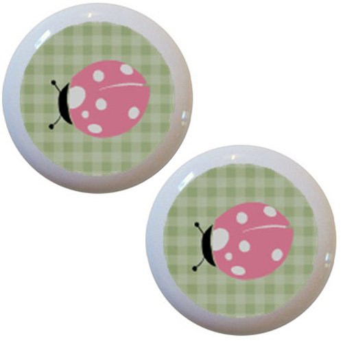 Set Of 2 Pink Ladybug Green Gingham Ceramic Cabinet Drawer Knobs