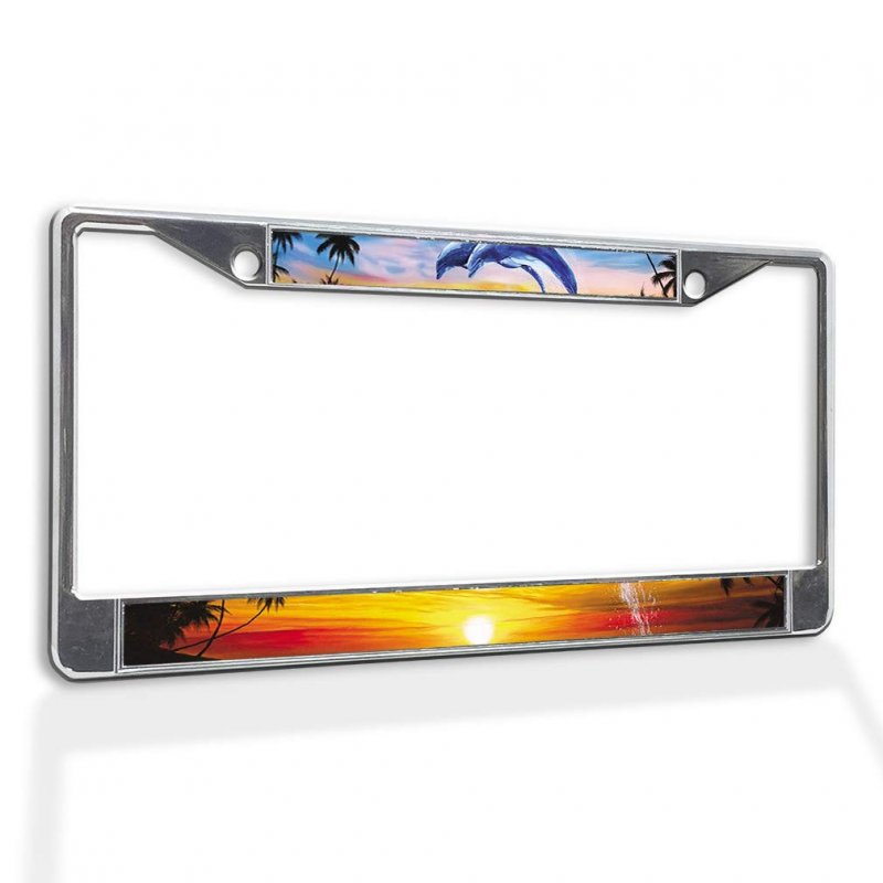 Fastasticdeals Metal Insert License Plate Frame Jumping Dolphins L Red Sunset On Sea Ocean Beach Weatherproof Car Accessories