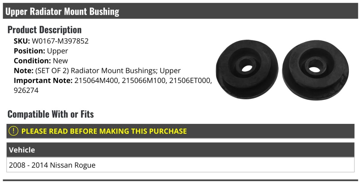 Upper Radiator Mount Bushing Set Of 2 For 2008 To 2014 Nissan Rogue Position W0167-m397852