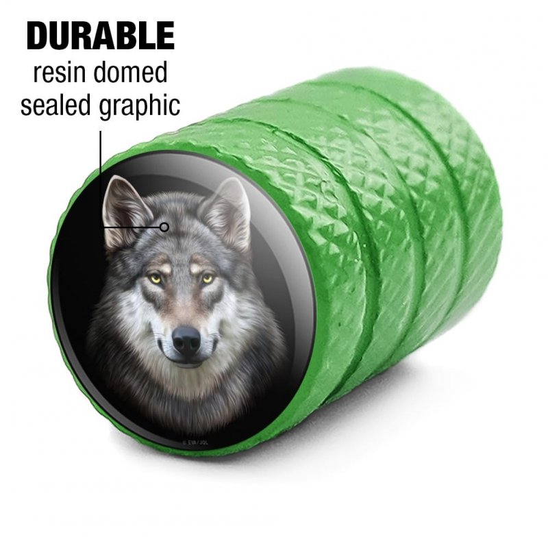 Grey Wolf Head Valve Stem Caps For Tire Rim Wheel Green Aluminum Air Covers Schrader Valves 4 Piece Set