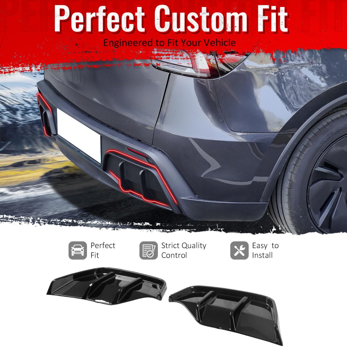 Rear Bumper Lip Lower Side Spat Valance Winglet Canard Protector For 2025 2026 Tesla Model Y Juniper Gloss Black Pp