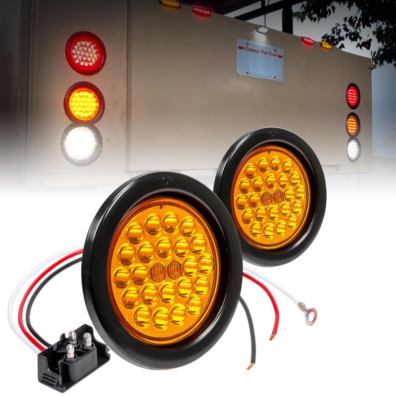 True Mods 2pc 4 Round Amber 24 Led Trailer Tail Lights Dot Certified Grommet Plug Included Ip67 Waterproof Park Turn For Rv