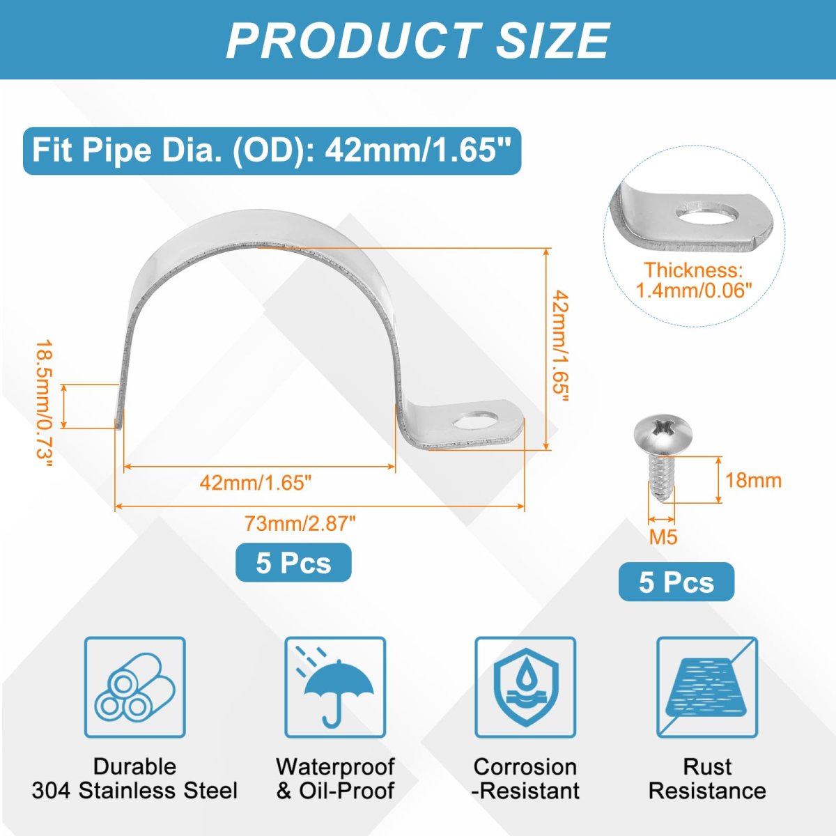 5pcs 1 7 Pipe Strap Hole Clamp 304 Stainless Steel Rigid Conduit U Bracket Heavy Duty With Self-tapping Screws For Tube