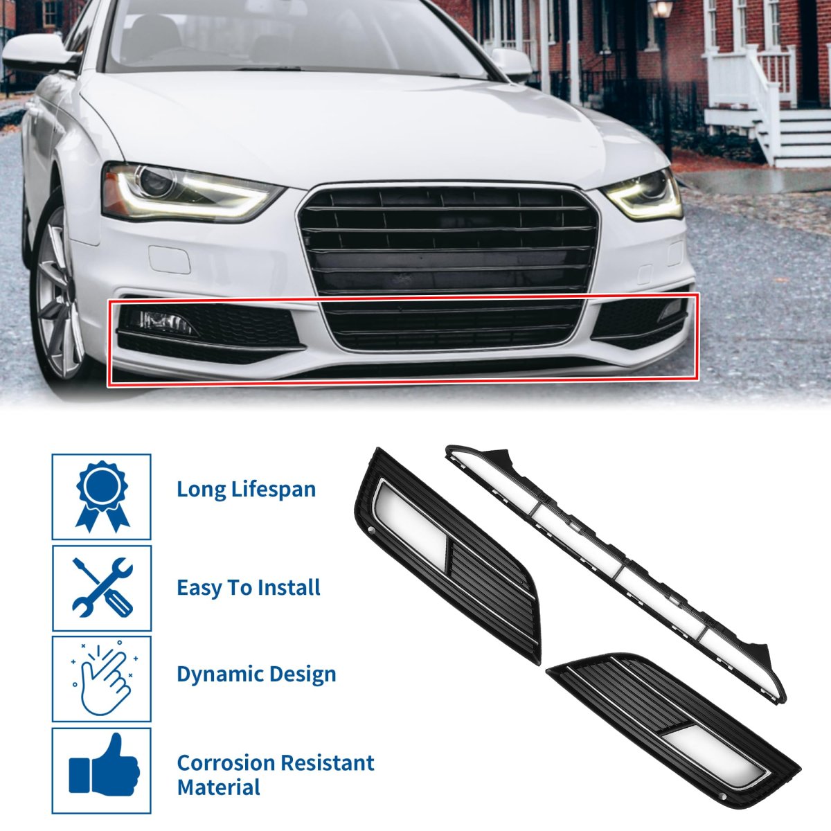 Front Lower Hood Bumper Grille And Fog Light Cover For Audi A4 B8pa 2013 To 2015 Black Abs Plastic No 8kd807681 1 Set