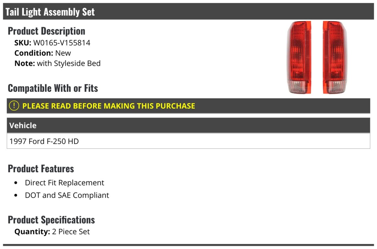Tail Light Assembly Set Of 2 For 1997 Ford F-250 Hd With Styleside Bed Direct Fit Replacement Dot And Sae Compliant Waterproof