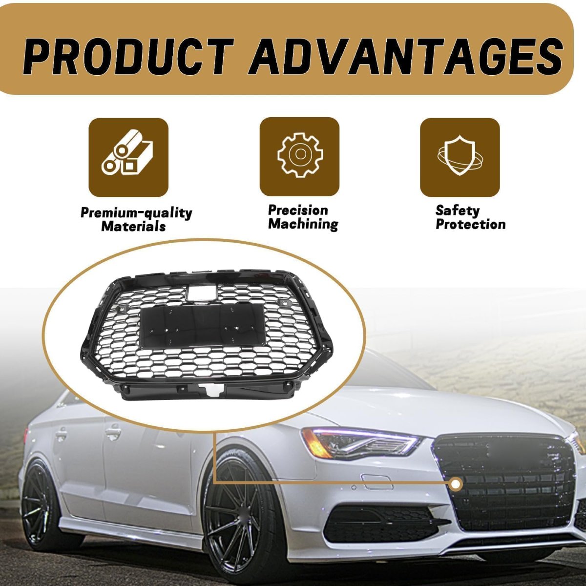 Bumper Grille Front With Acc Honeycomb Mesh For Audi A3 8v Rs3 Style 2017 2018 2019 2020 Black Stainless Steel Replacement Part