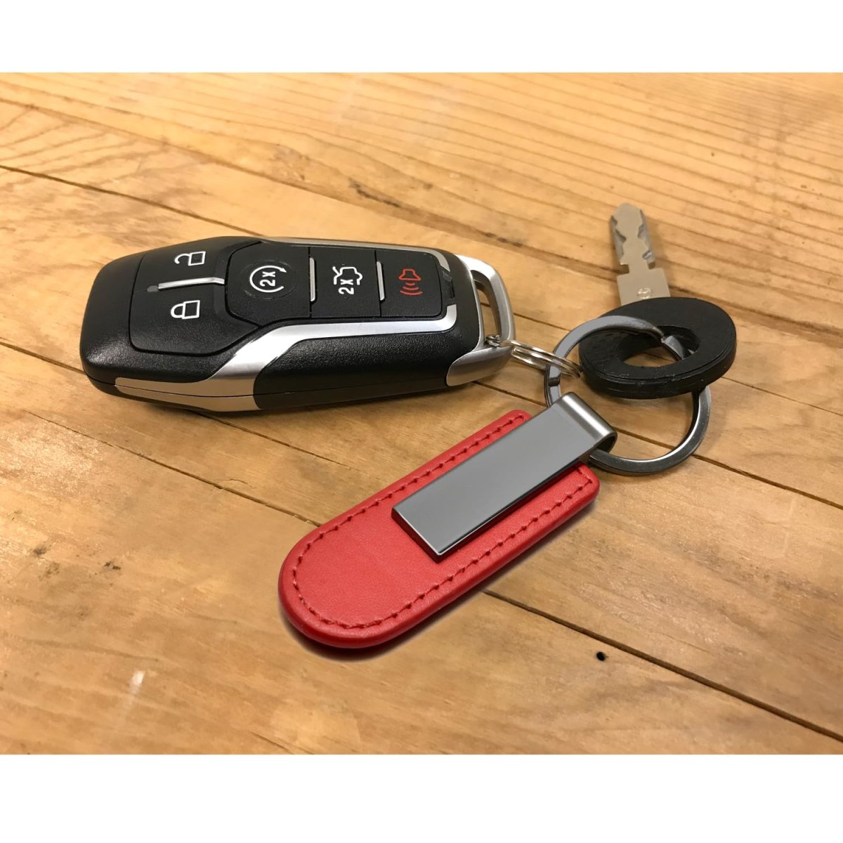 Ford Ranger Red Pu Leather Strap Key Chain With Gunmetal Gray Metal Bar Official Licensed Modern Style 3 75 In X 1