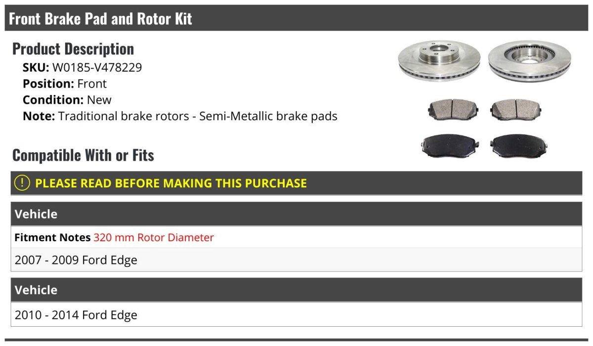 Front Semi Metallic Brake Pads And Rotor Kit For 2007-2014 Ford Edge