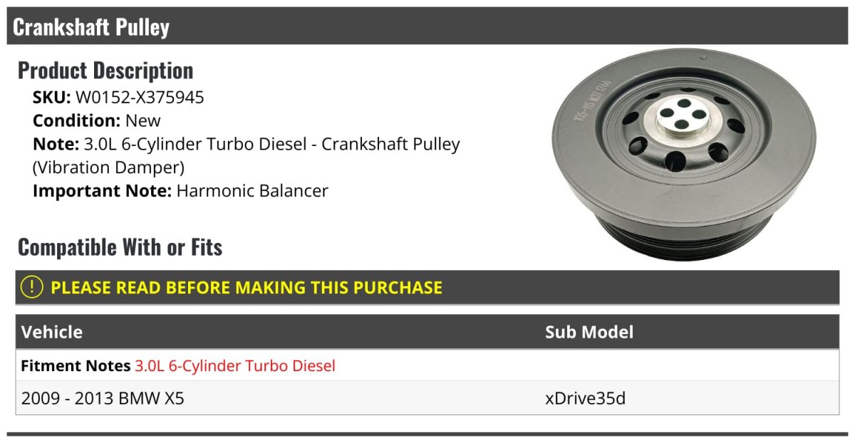 Crankshaft Pulley Harmonic Balancer For 2009-2013 Bmw X5 Xdrive35d 3 0l 6-cylinder Turbo Diesel
