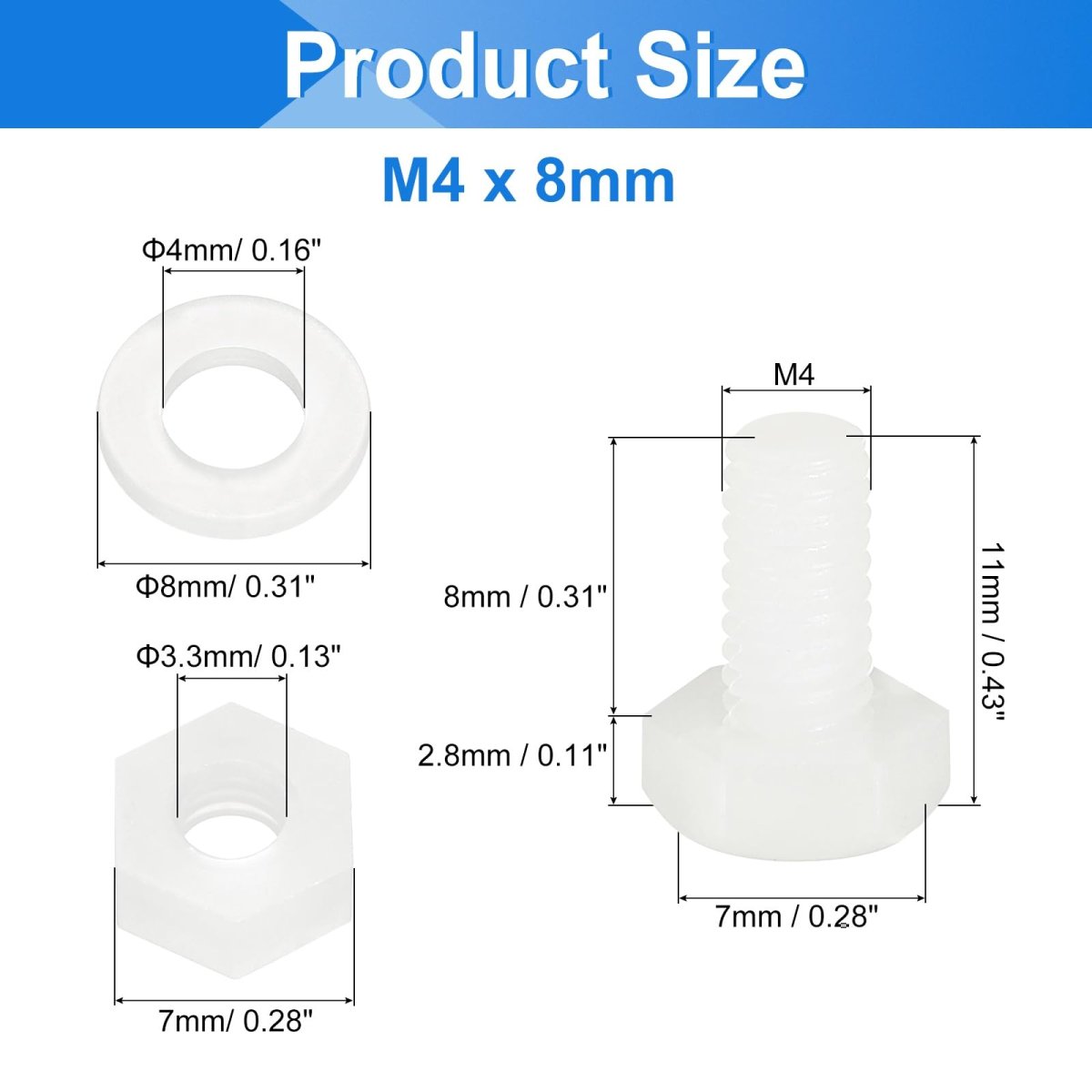 300 Pieces Nylon Hex Bolt Set M4 X 8mm Plastic Full Threaded Screws With Nuts And Flat Washers For Electronics Industrial