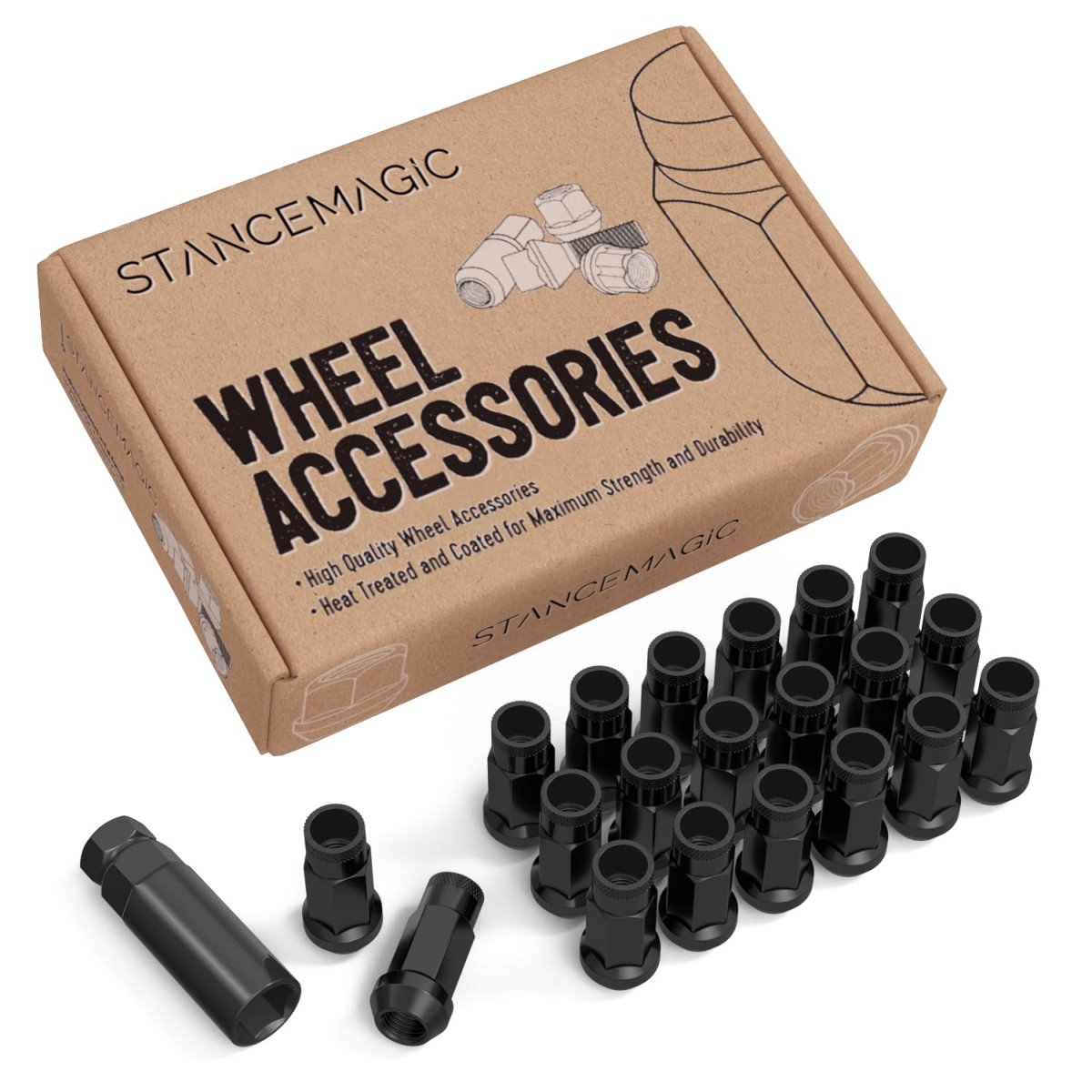 Stancemagic 20pcs Black 12x1 25 Extended Tuner Lug Nuts Open End Cone Taper Acorn Seat 50mm 2 Length 22mm 0 87 Width 17mm 11 16