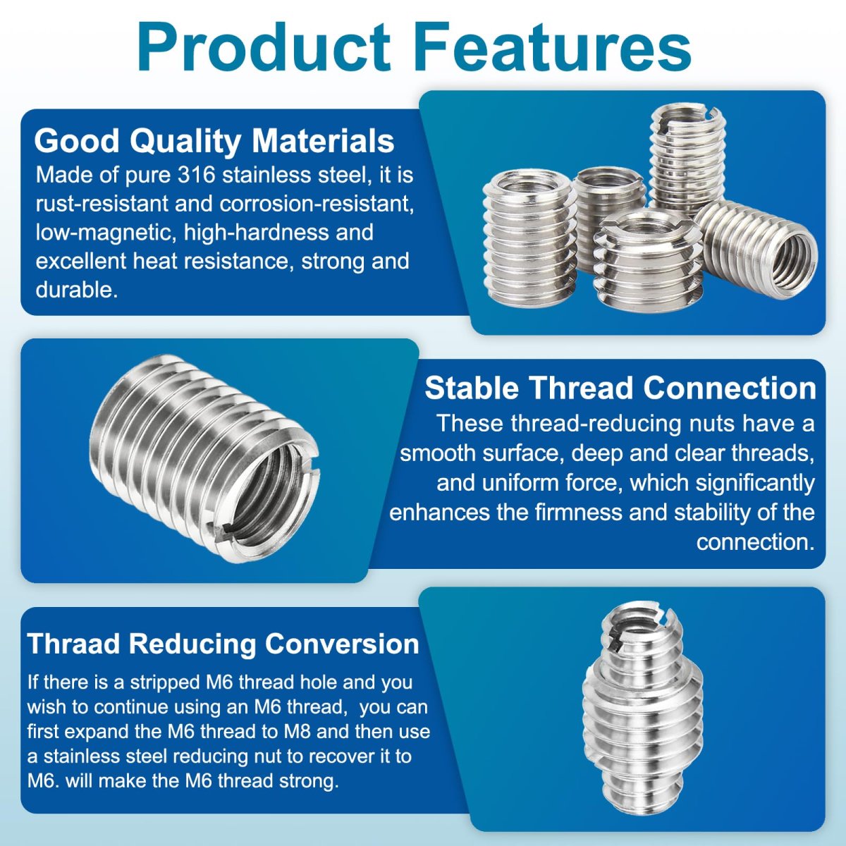 4 Pcs 316 Stainless Steel Reducing Nut M10x1 5 Male To M6x1 Female 12mm Length Thread Repair Insert Nuts For Industrial And