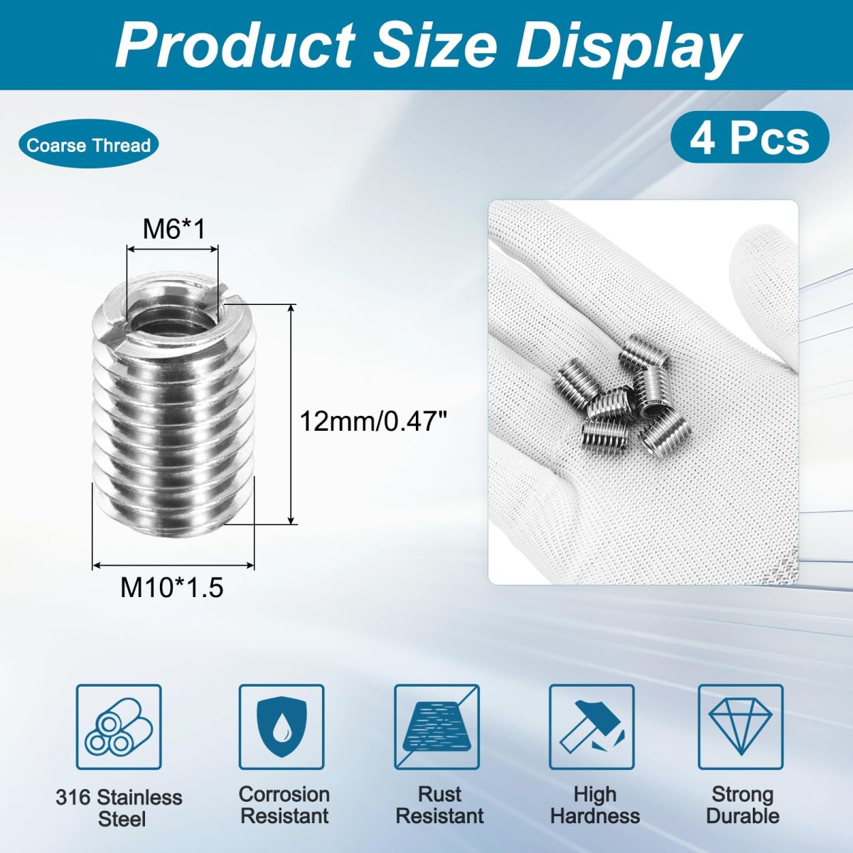 4 Pcs 316 Stainless Steel Reducing Nut M10x1 5 Male To M6x1 Female 12mm Length Thread Repair Insert Nuts For Industrial And