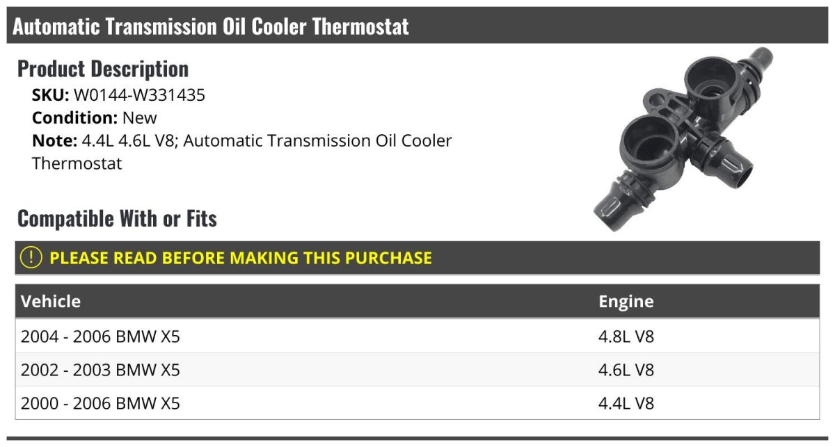 Automatic Transmission Oil Cooler Thermostat For 2000 To 2006 Bmw X5 4l 6l 4 8l V8