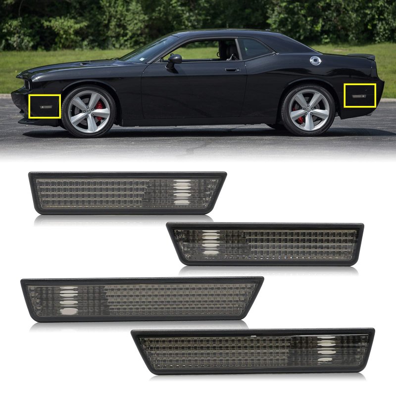 R F Auto 4pcs Smoked Lens Side Marker Light Housings Replacement For Challenger 2008-2014 Front Rear Bumpers Turn Signal Lamp