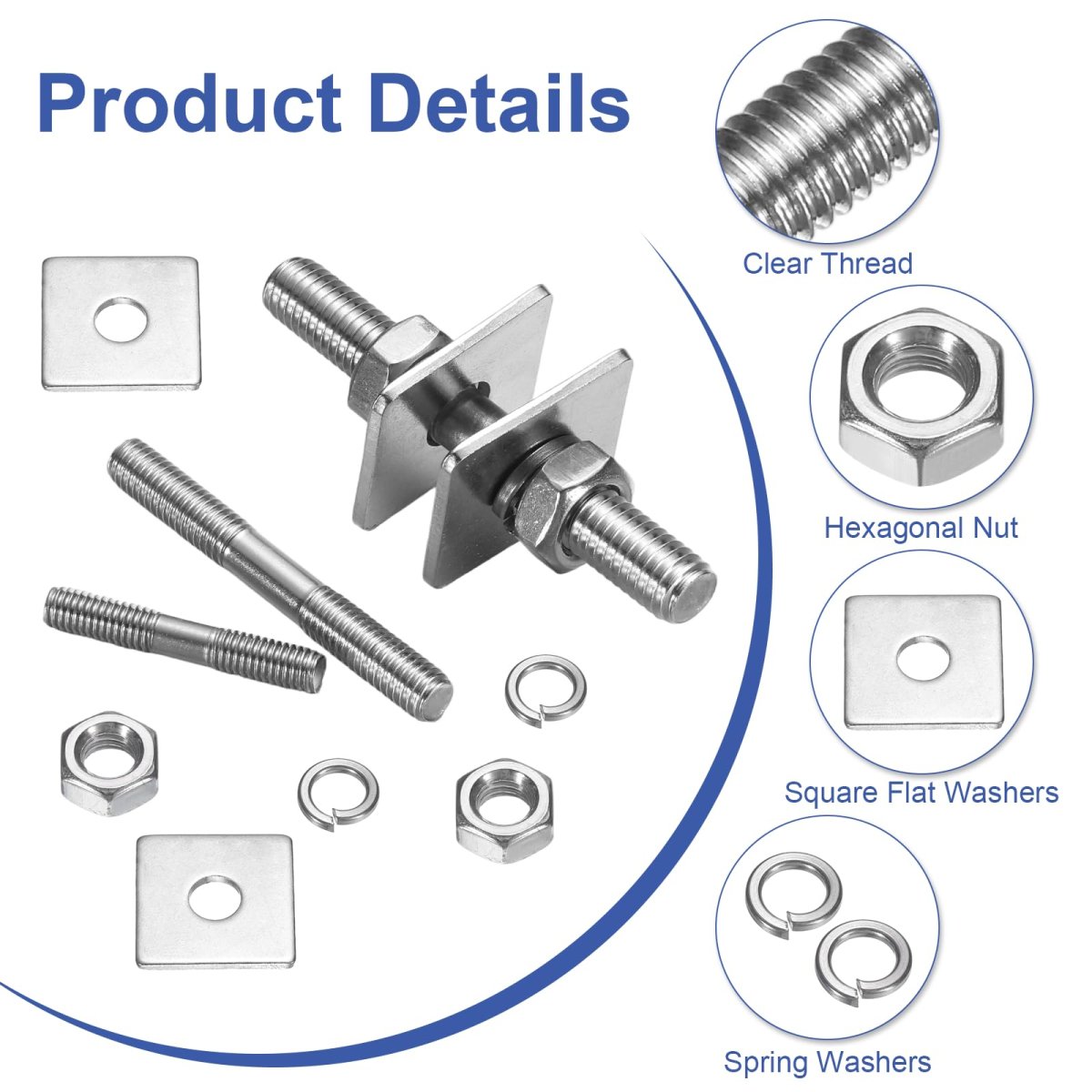 2pcs M6x500mm 304 Stainless Steel Double End Threaded Stud Screw Bolt With Nuts Square Flat Washers Spring For House